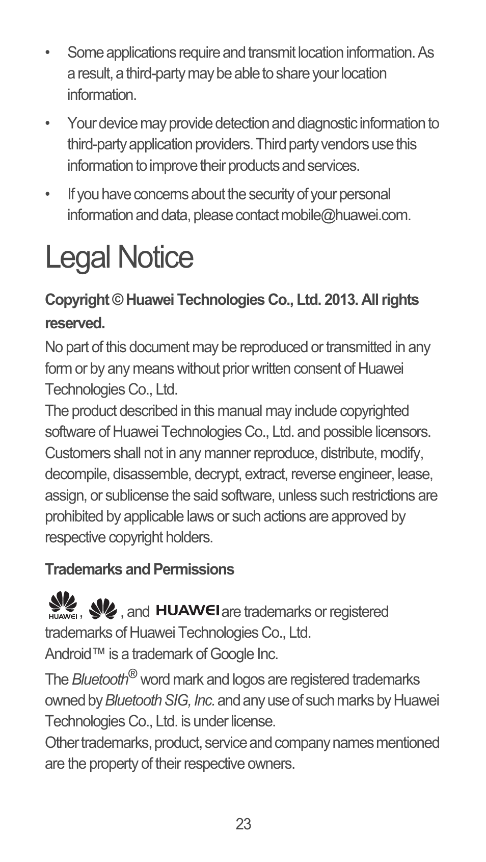 Legal notice, Trademarks and permissions | Huawei M881 Quick Start User Manual | Page 24 / 28