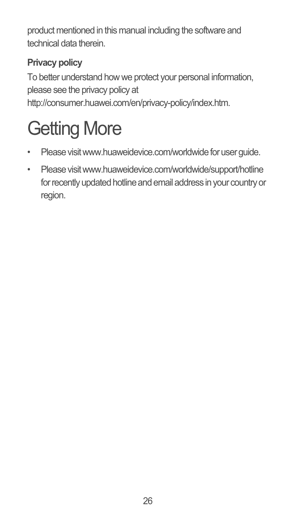 Privacy policy, Getting more | Huawei M881 Quick Start User Manual | Page 27 / 28