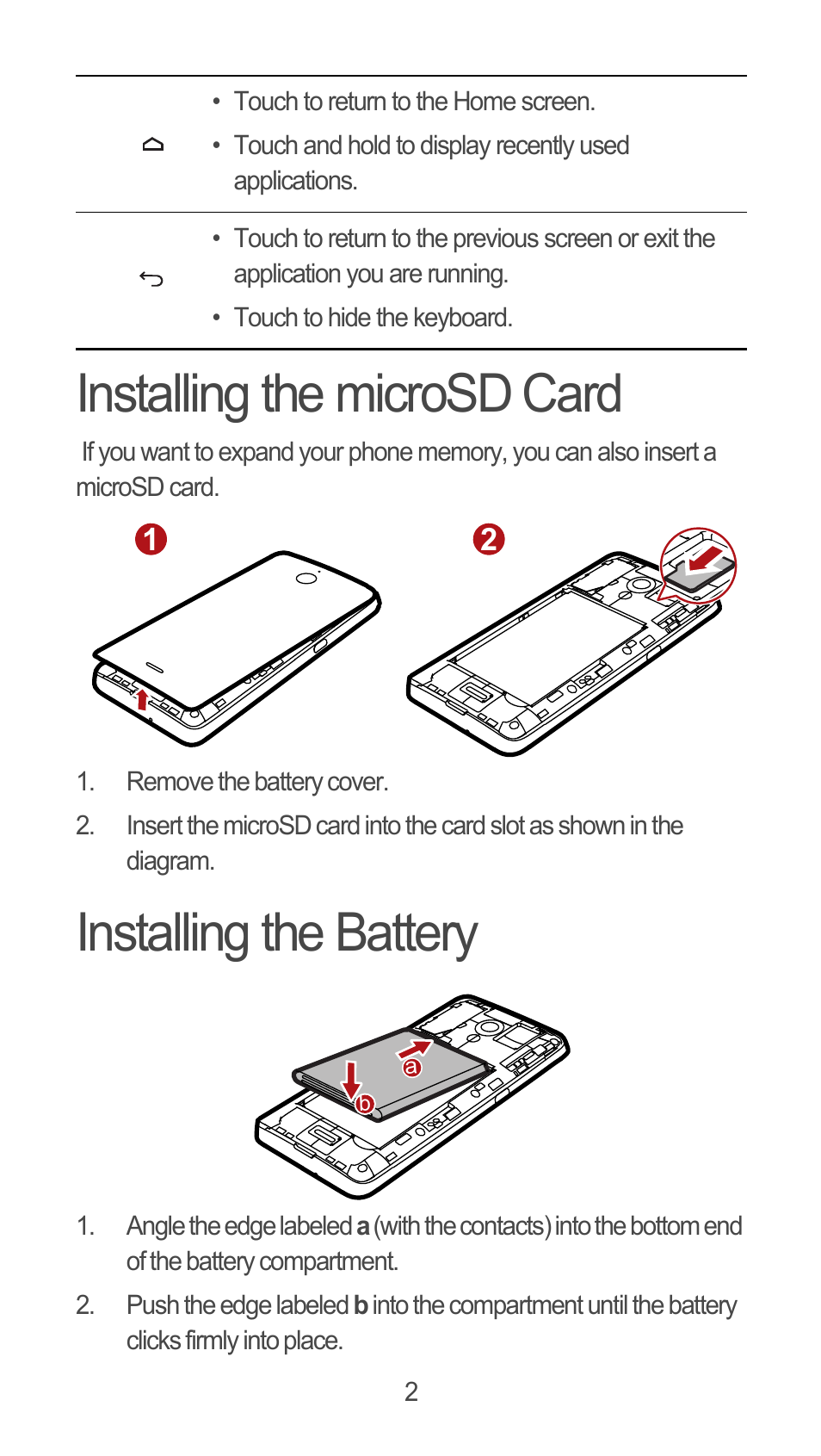 Installing the microsd card, Installing the battery | Huawei M881 Quick Start User Manual | Page 3 / 28