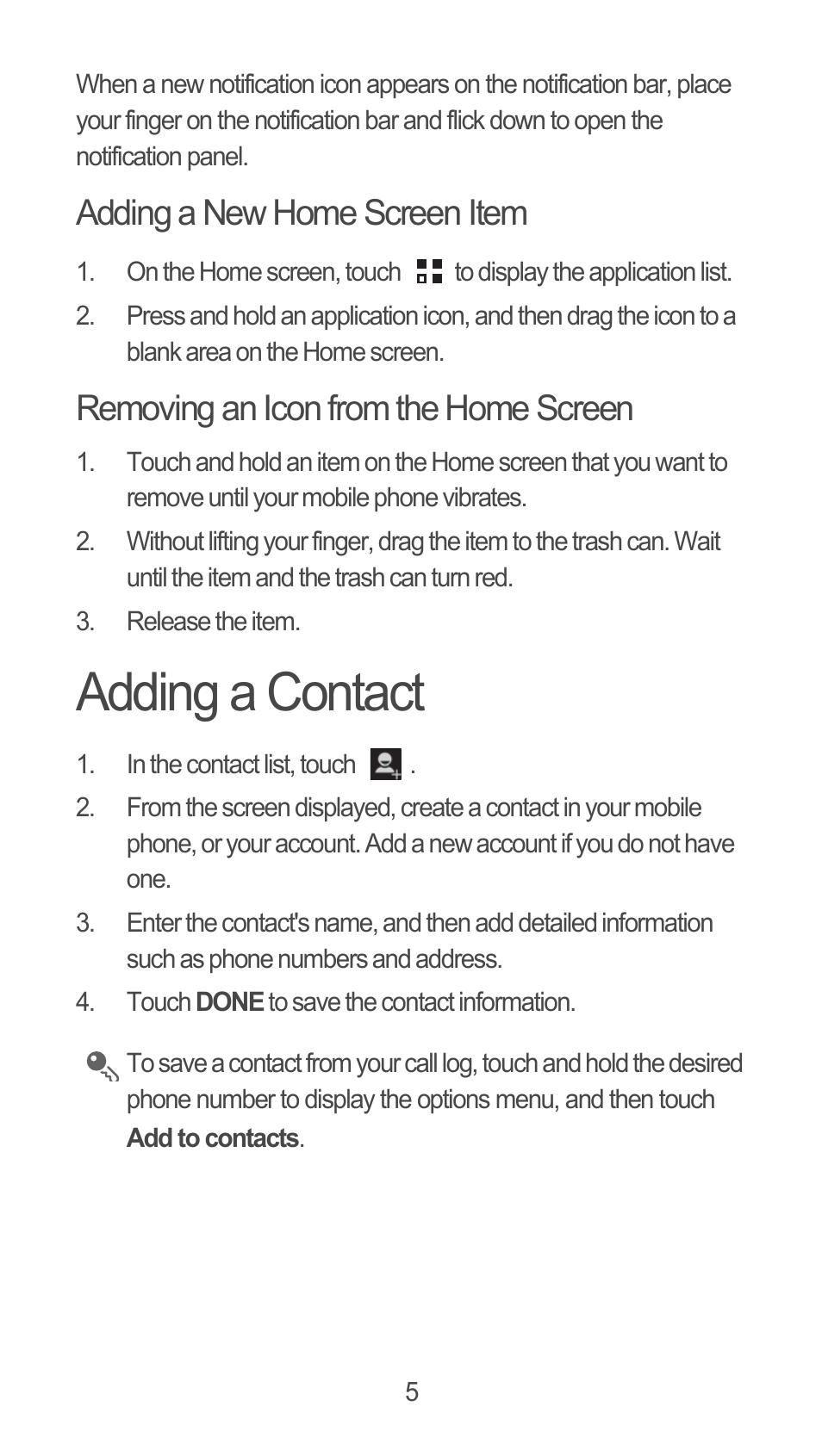 Adding a new home screen item, Removing an icon from the home screen, Adding a contact | Huawei M881 Quick Start User Manual | Page 6 / 28