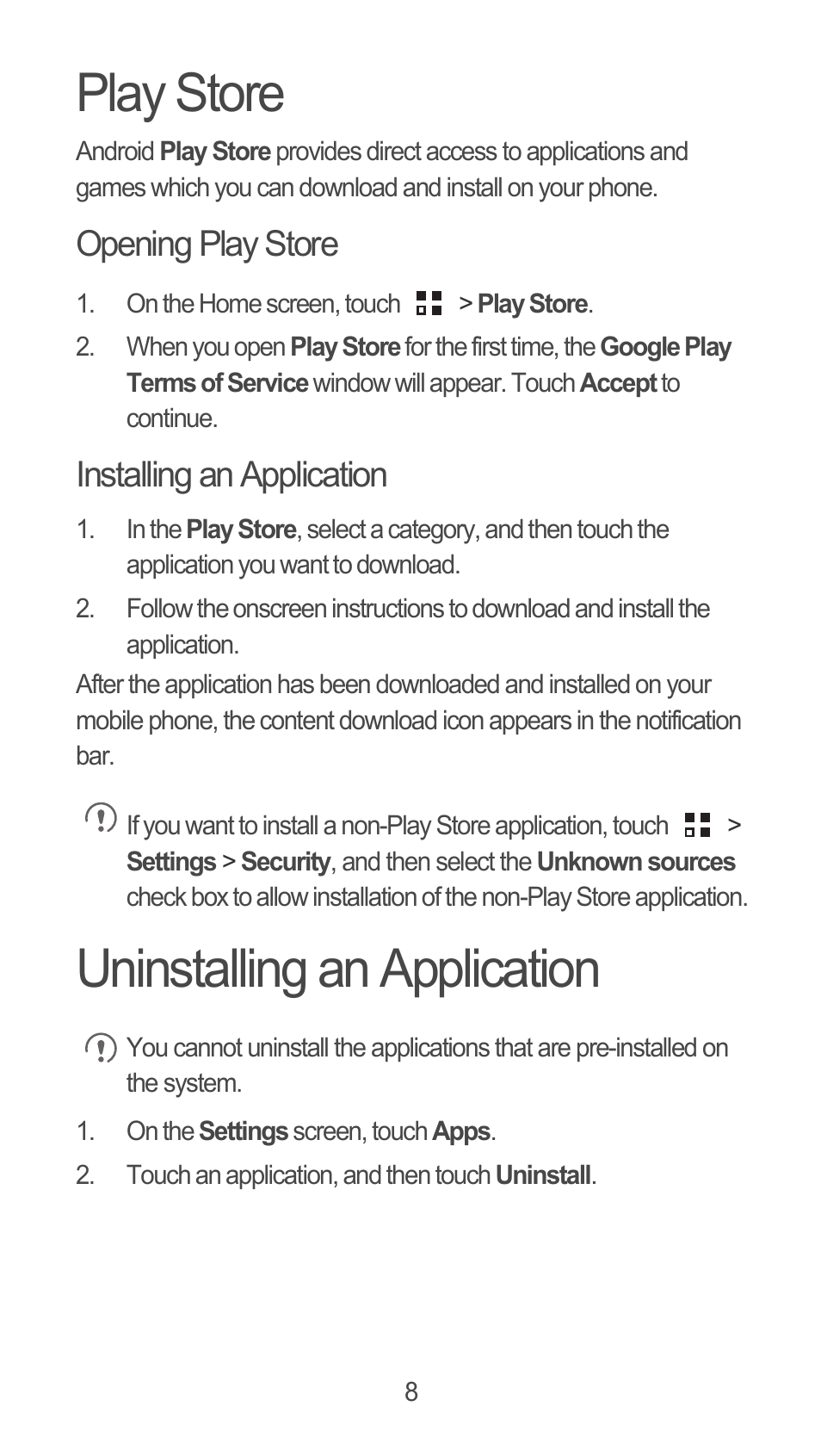 Play store, Opening play store, Installing an application | Uninstalling an application | Huawei M881 Quick Start User Manual | Page 9 / 28