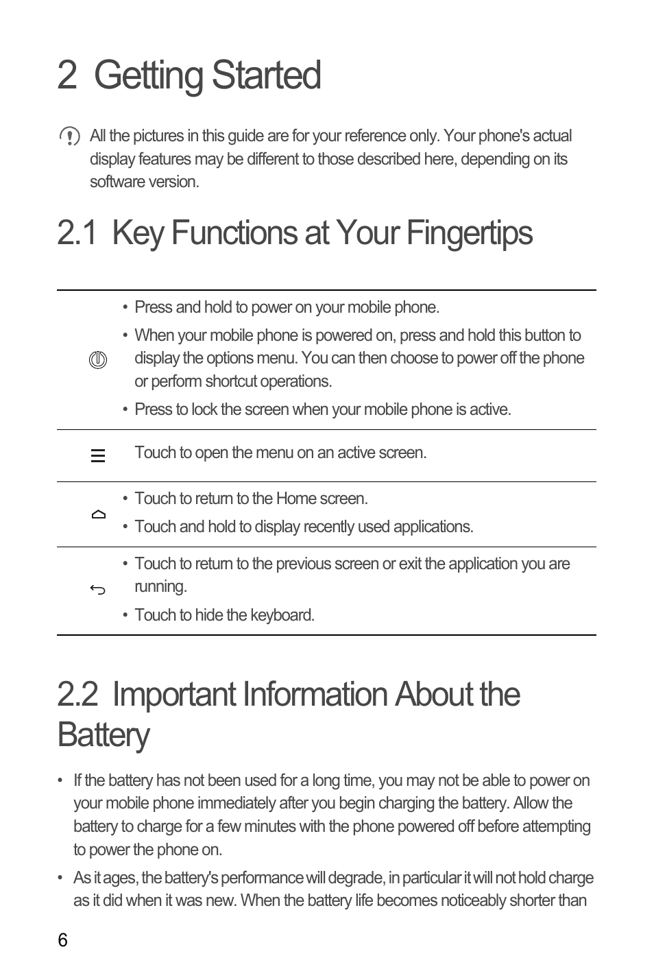 2 getting started, 1 key functions at your fingertips, 2 important information about the battery | Huawei M881 User Guide User Manual | Page 11 / 69