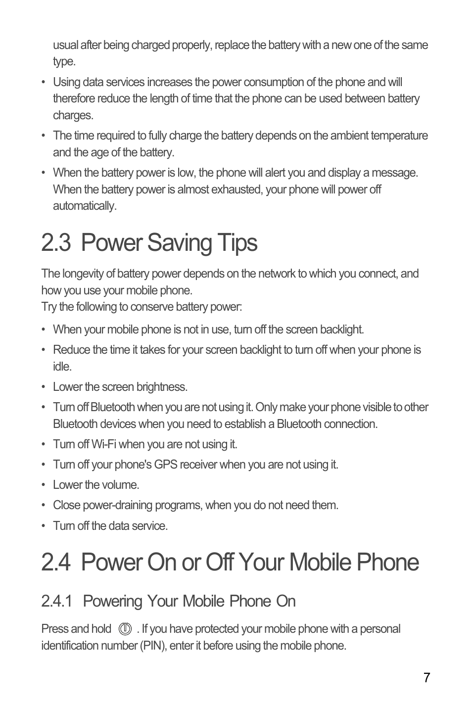 3 power saving tips, 4 power on or off your mobile phone, 1 powering your mobile phone on | Huawei M881 User Guide User Manual | Page 12 / 69