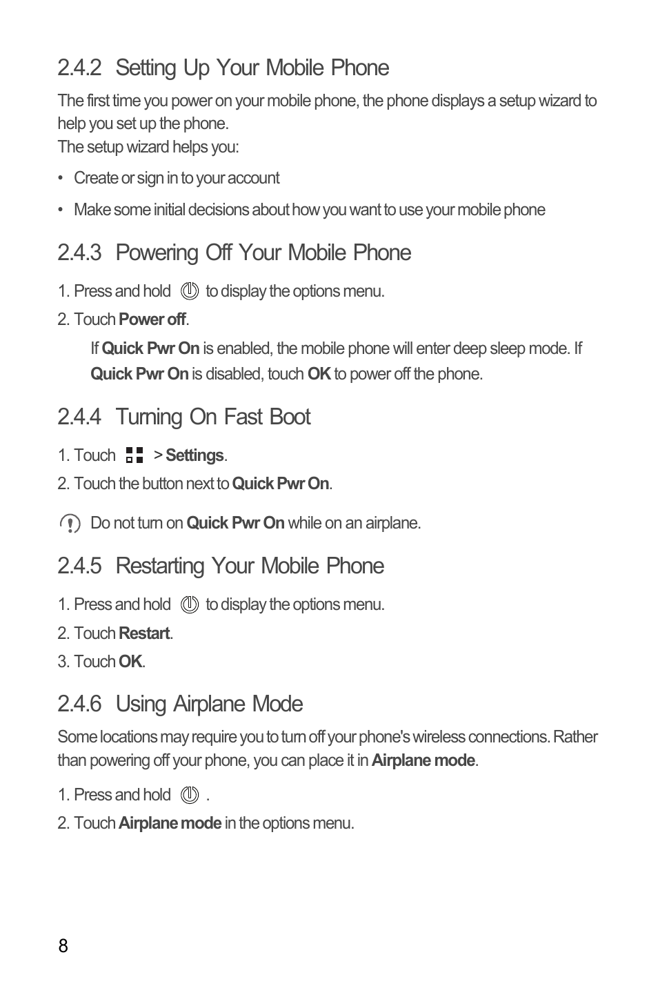 2 setting up your mobile phone, 3 powering off your mobile phone, 4 turning on fast boot | 5 restarting your mobile phone, 6 using airplane mode | Huawei M881 User Guide User Manual | Page 13 / 69