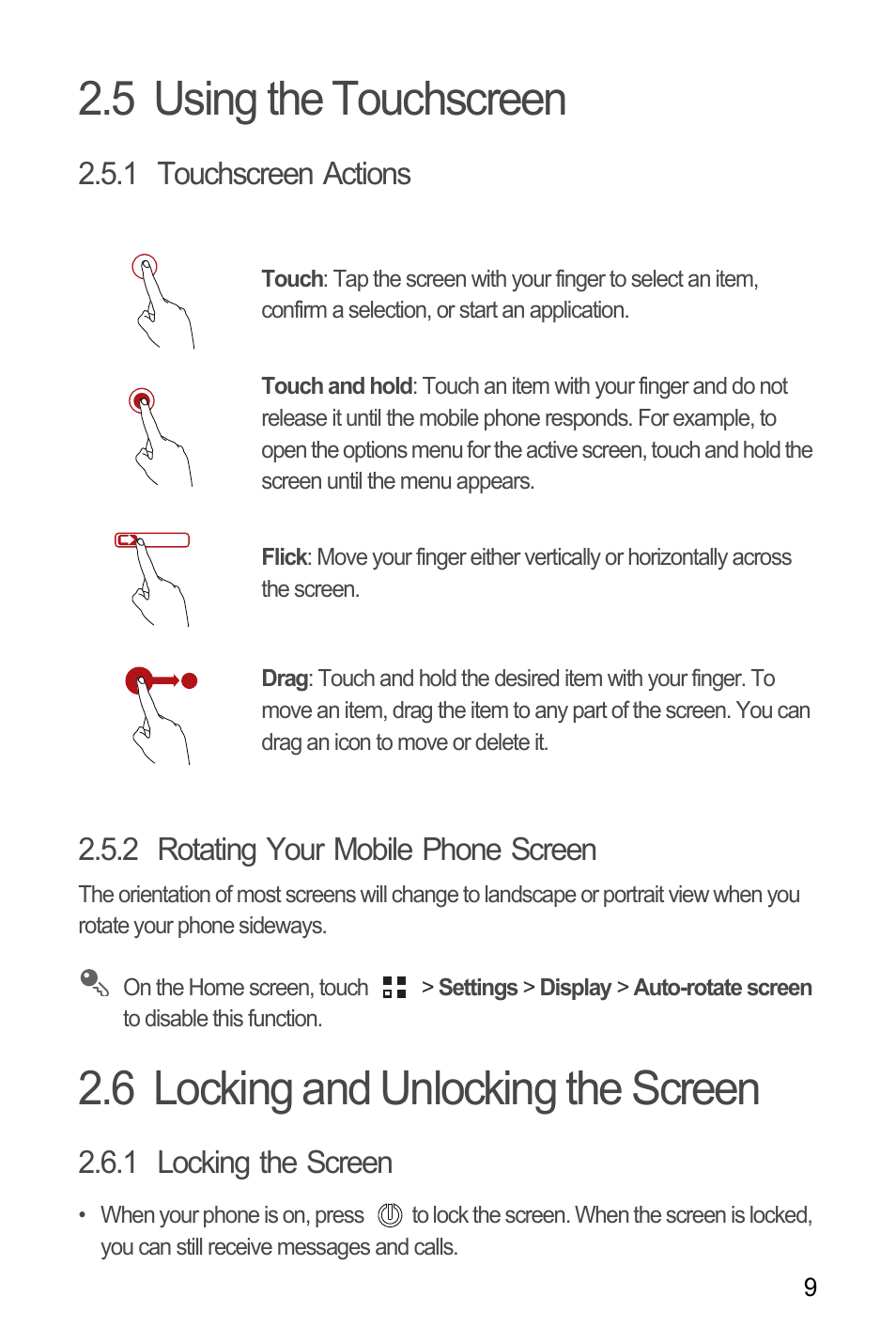 5 using the touchscreen, 1 touchscreen actions, 2 rotating your mobile phone screen | 6 locking and unlocking the screen, 1 locking the screen | Huawei M881 User Guide User Manual | Page 14 / 69