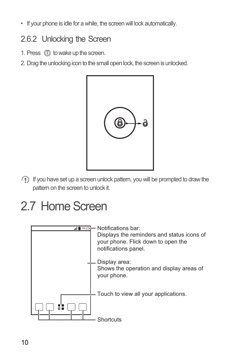 2 unlocking the screen, 7 home screen | Huawei M881 User Guide User Manual | Page 15 / 69