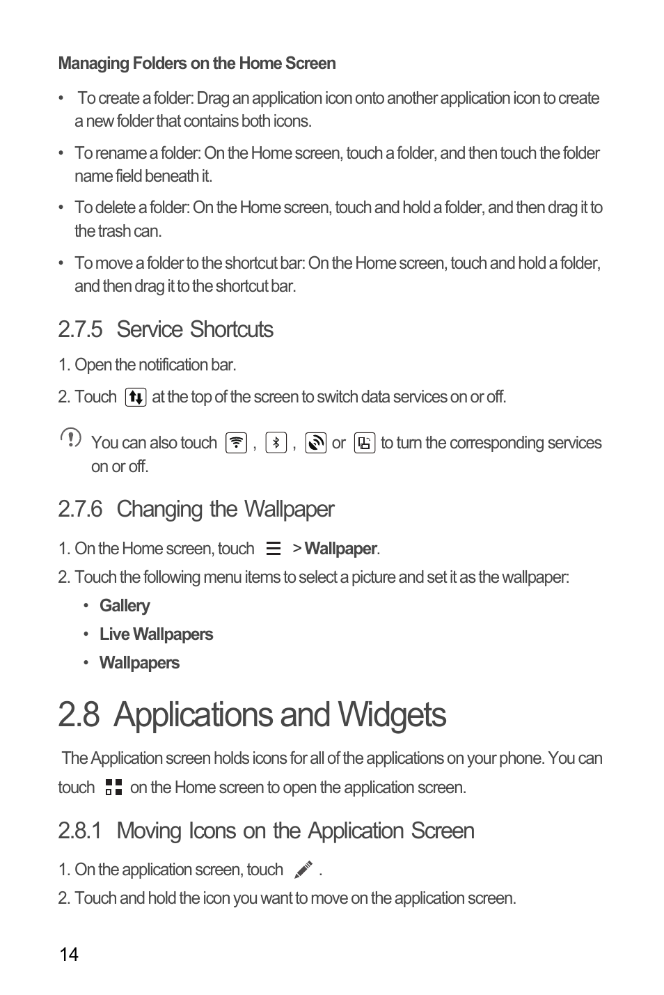 Managing folders on the home screen, 5 service shortcuts, 6 changing the wallpaper | 8 applications and widgets, 1 moving icons on the application screen | Huawei M881 User Guide User Manual | Page 19 / 69
