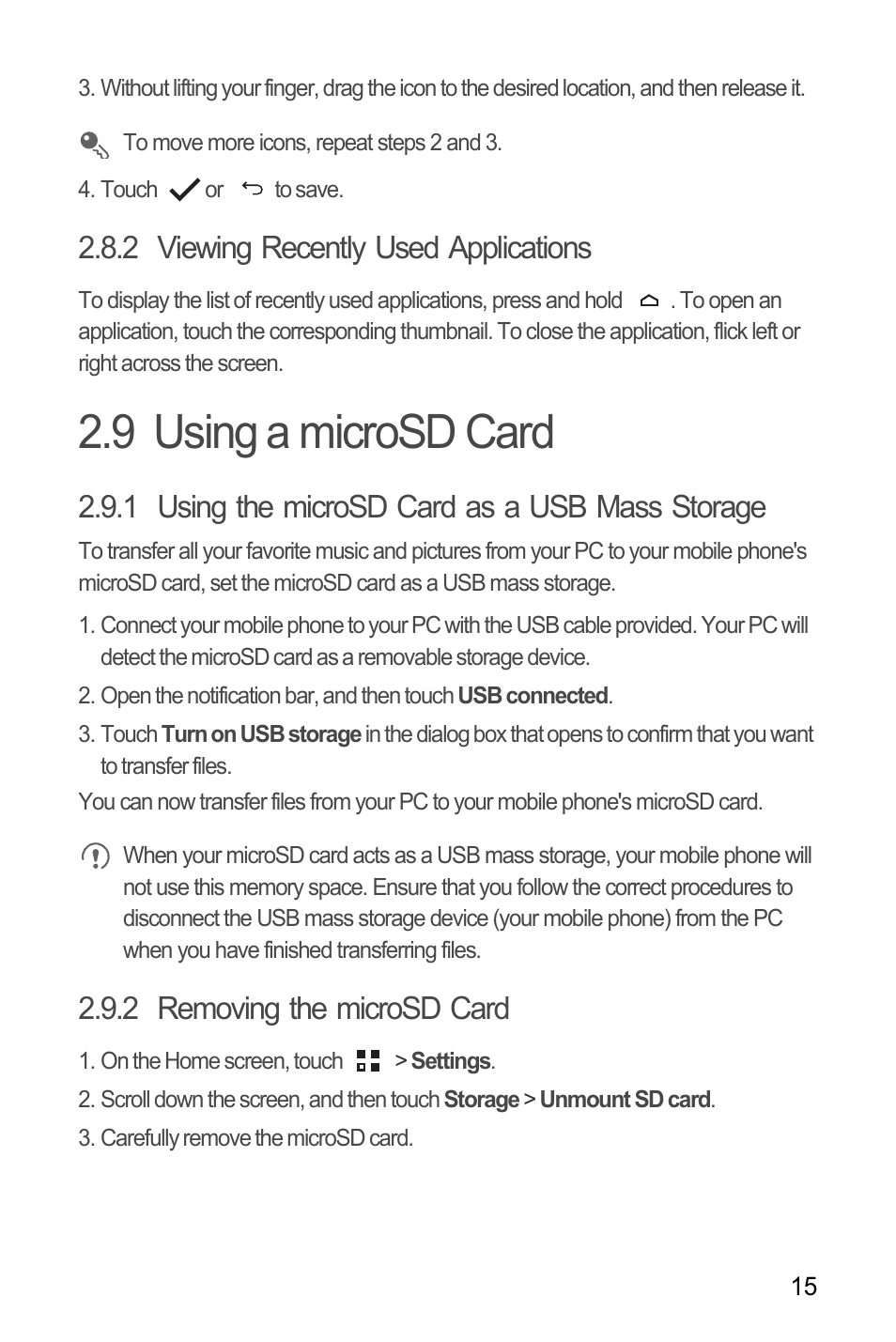2 viewing recently used applications, 9 using a microsd card, 1 using the microsd card as a usb mass storage | 2 removing the microsd card | Huawei M881 User Guide User Manual | Page 20 / 69