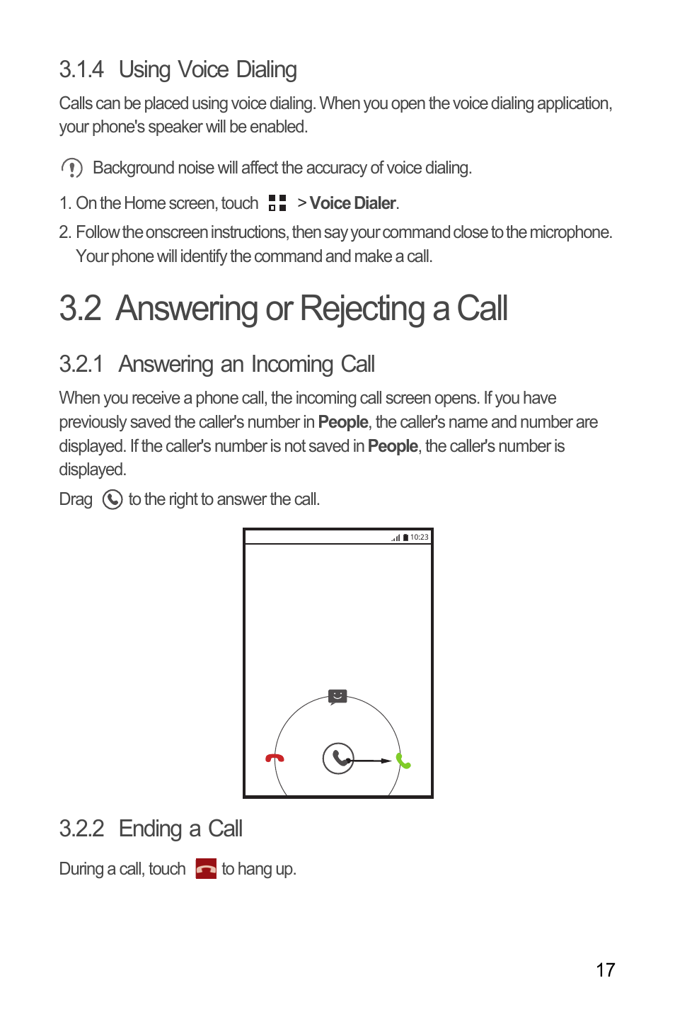 4 using voice dialing, 2 answering or rejecting a call, 1 answering an incoming call | 2 ending a call | Huawei M881 User Guide User Manual | Page 22 / 69