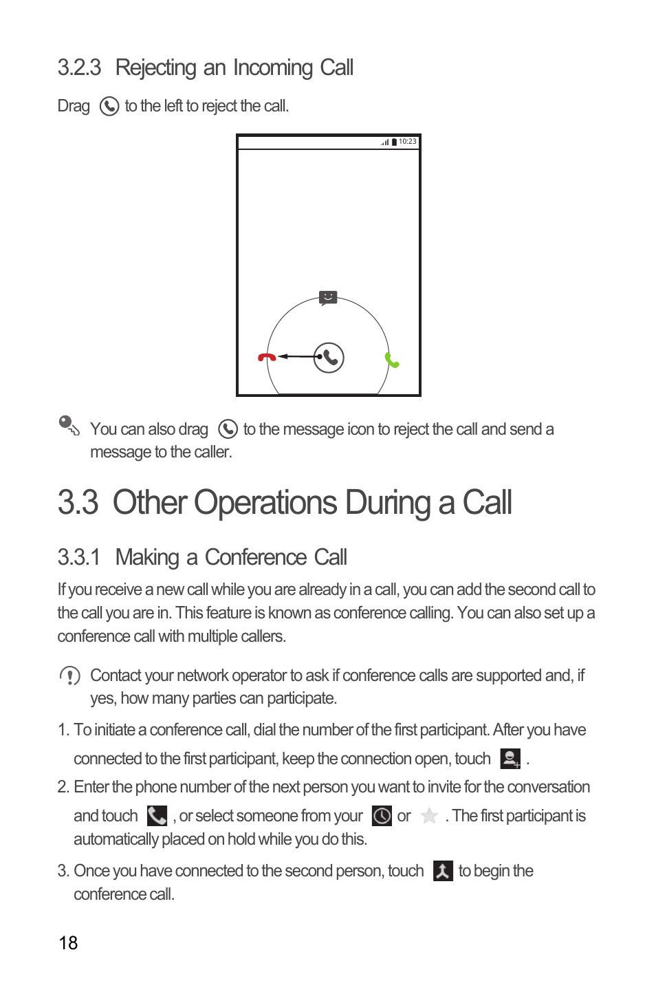 3 rejecting an incoming call, 3 other operations during a call, 1 making a conference call | Huawei M881 User Guide User Manual | Page 23 / 69