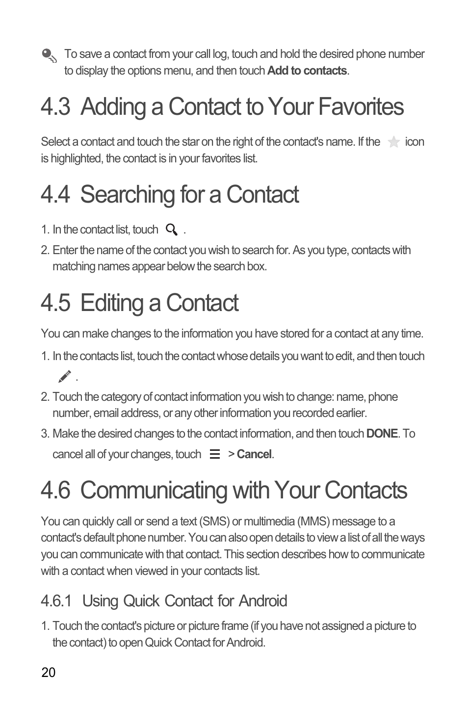 3 adding a contact to your favorites, 4 searching for a contact, 5 editing a contact | 6 communicating with your contacts, 1 using quick contact for android | Huawei M881 User Guide User Manual | Page 25 / 69