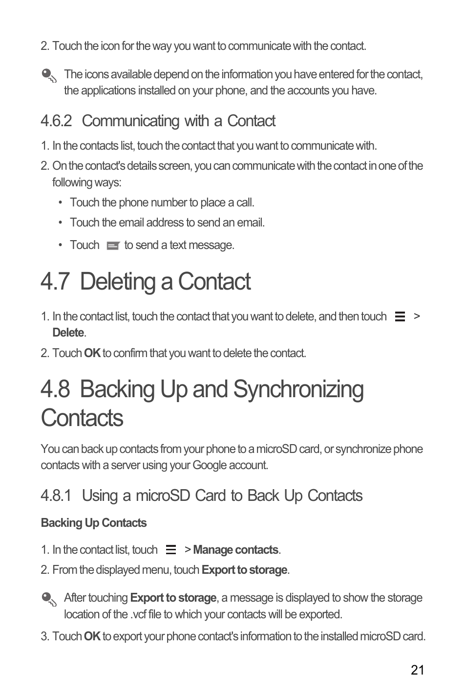 2 communicating with a contact, 7 deleting a contact, 8 backing up and synchronizing contacts | 1 using a microsd card to back up contacts, Backing up contacts | Huawei M881 User Guide User Manual | Page 26 / 69