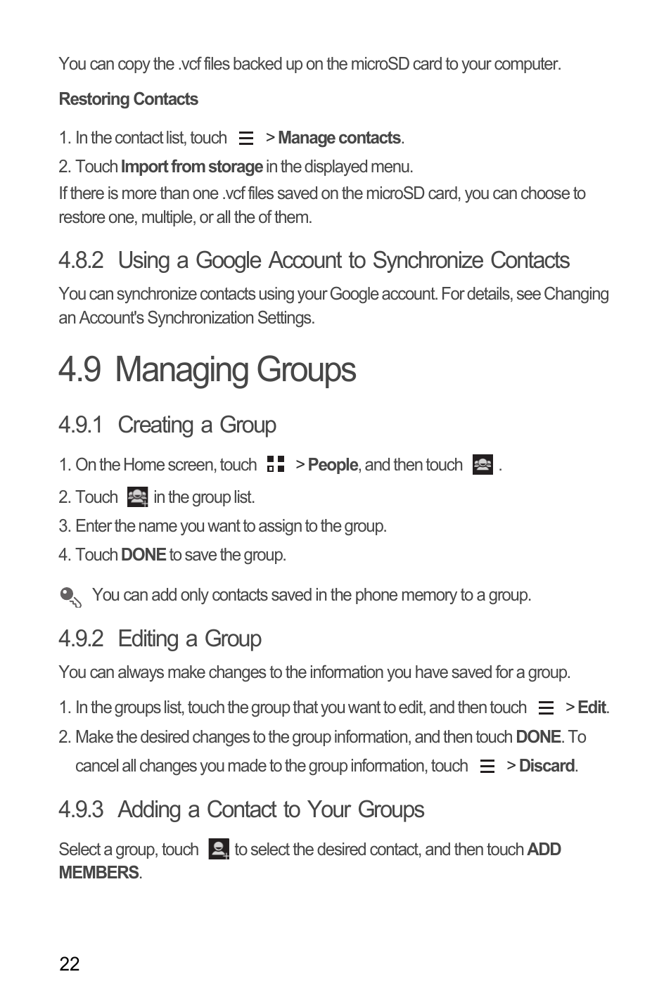 Restoring contacts, 2 using a google account to synchronize contacts, 9 managing groups | 1 creating a group, 2 editing a group, 3 adding a contact to your groups, Managing groups | Huawei M881 User Guide User Manual | Page 27 / 69