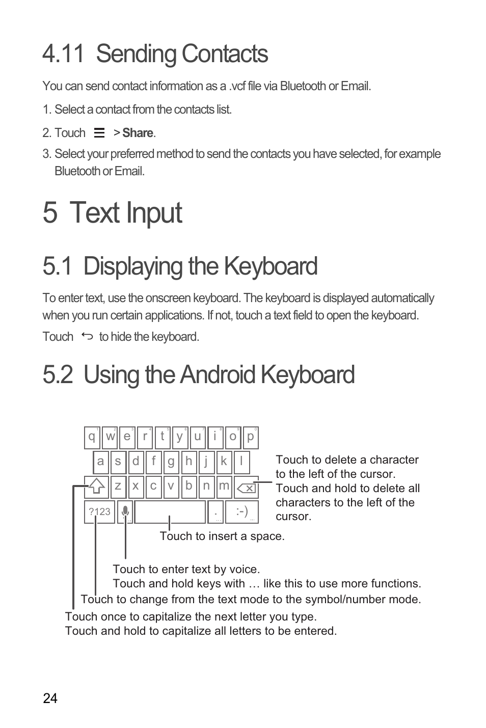 11 sending contacts, 5 text input, 1 displaying the keyboard | 2 using the android keyboard | Huawei M881 User Guide User Manual | Page 29 / 69