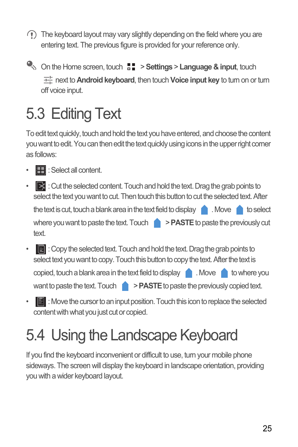 3 editing text, 4 using the landscape keyboard, 3 editing text 5.4 using the landscape keyboard | Huawei M881 User Guide User Manual | Page 30 / 69