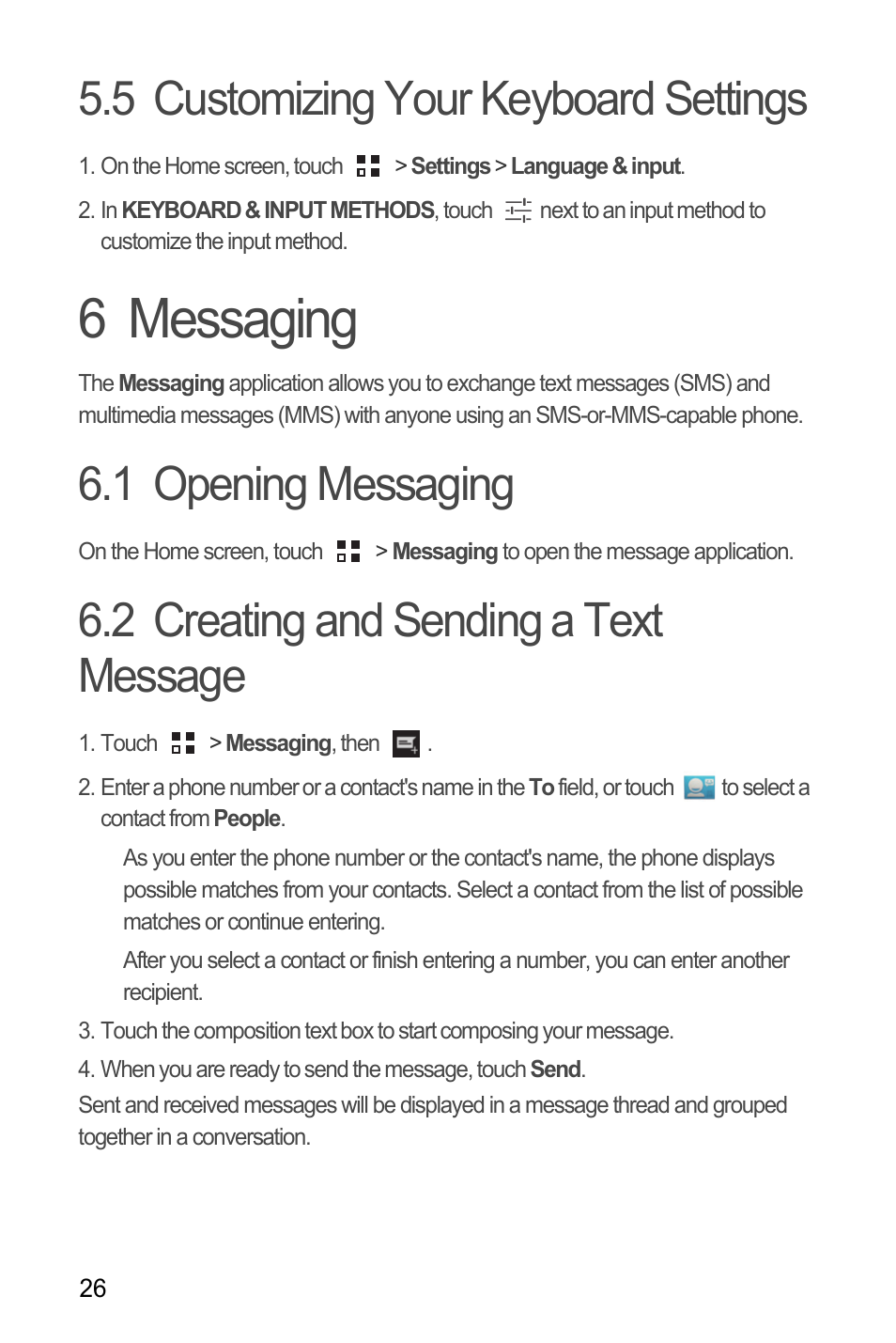 5 customizing your keyboard settings, 6 messaging, 1 opening messaging | 2 creating and sending a text message | Huawei M881 User Guide User Manual | Page 31 / 69