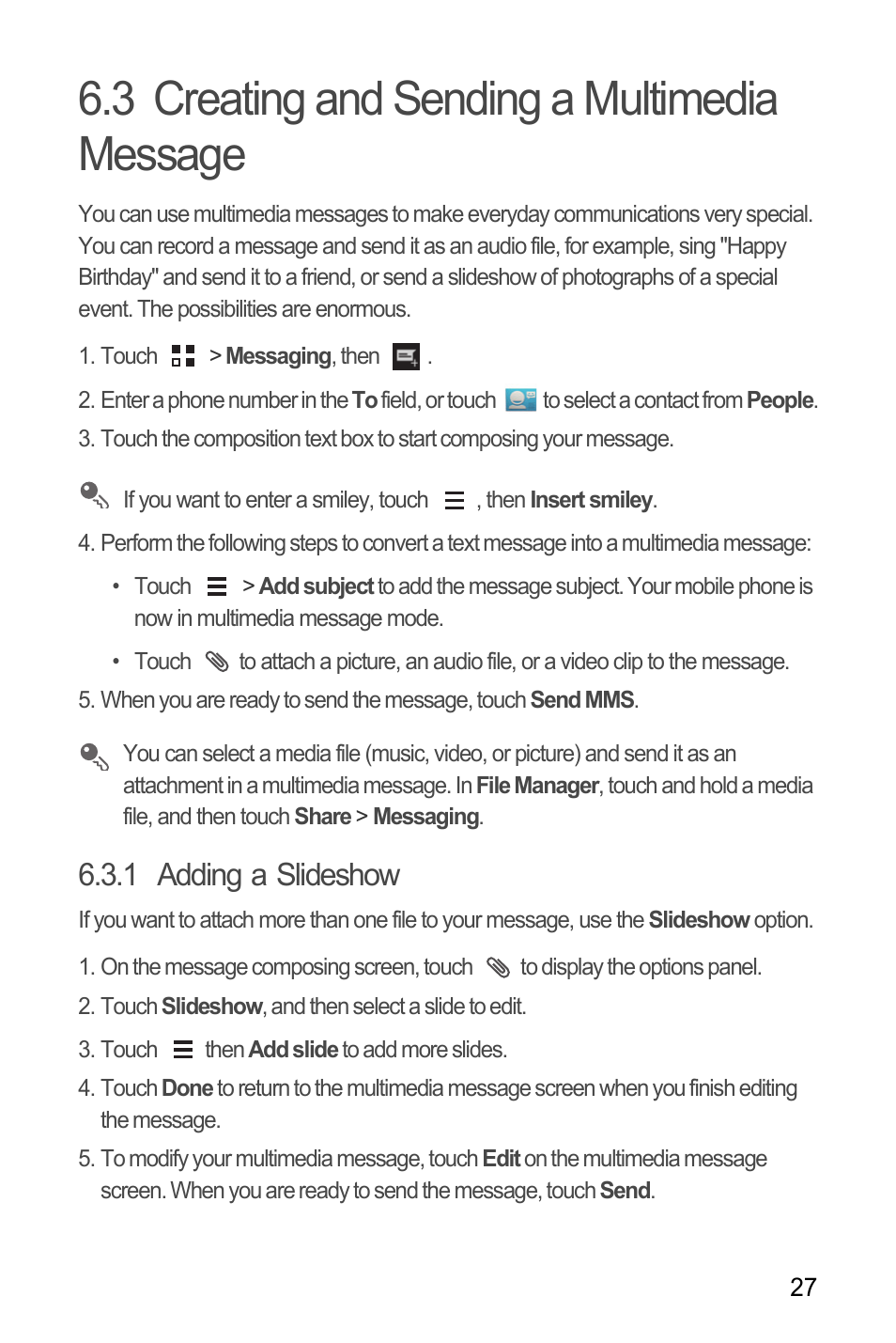 3 creating and sending a multimedia message, 1 adding a slideshow | Huawei M881 User Guide User Manual | Page 32 / 69