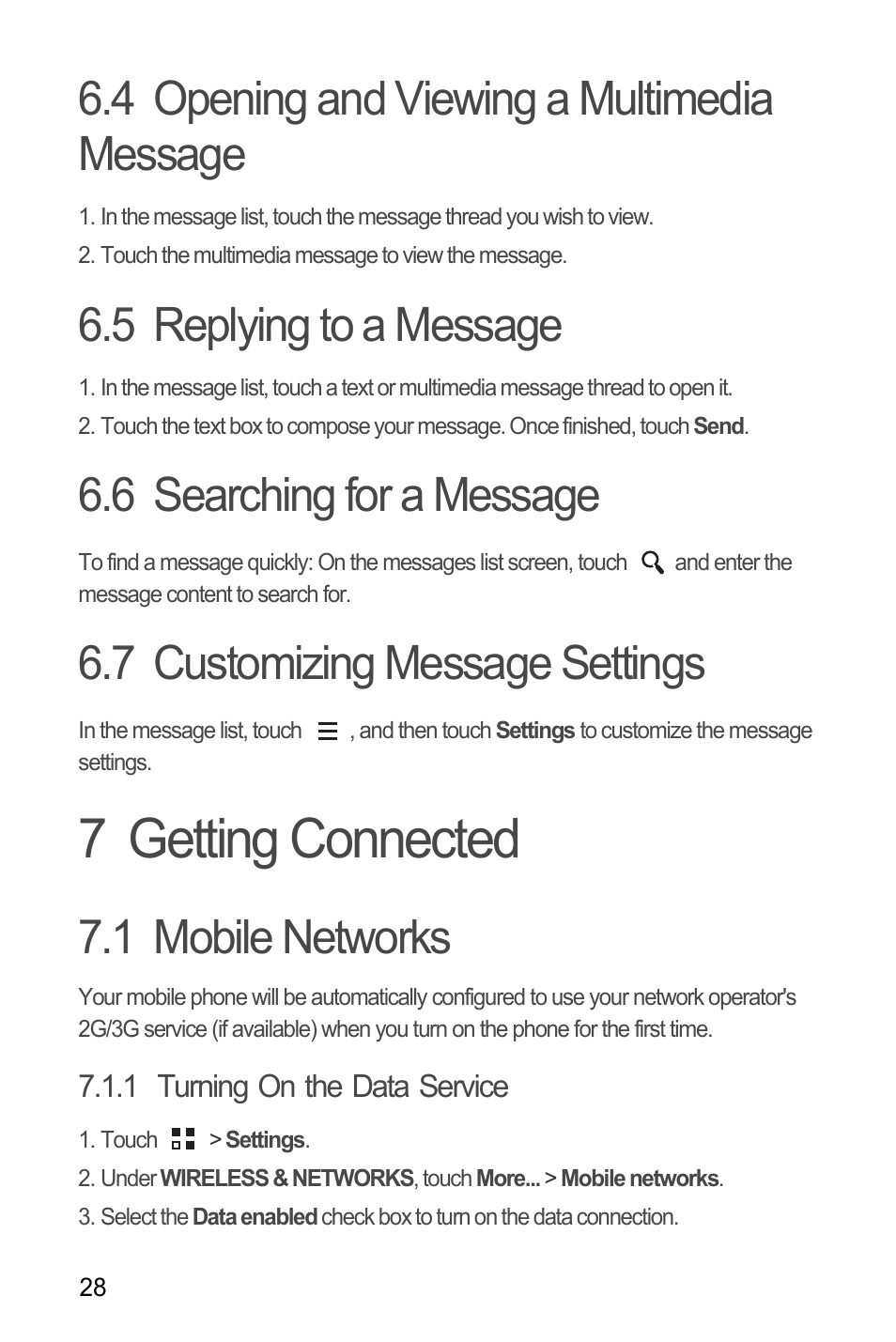 4 opening and viewing a multimedia message, 5 replying to a message, 6 searching for a message | 7 customizing message settings, 7 getting connected, 1 mobile networks, 1 turning on the data service | Huawei M881 User Guide User Manual | Page 33 / 69