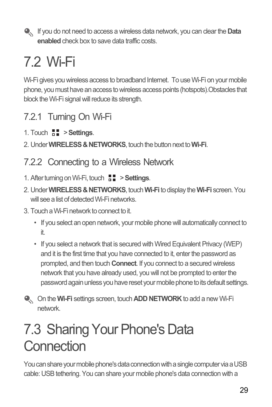 2 wi-fi, 1 turning on wi-fi, 2 connecting to a wireless network | 3 sharing your phone's data connection, 2 wi-fi 7.3 sharing your phone's data connection | Huawei M881 User Guide User Manual | Page 34 / 69