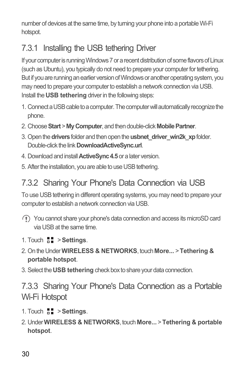 1 installing the usb tethering driver, 2 sharing your phone's data connection via usb | Huawei M881 User Guide User Manual | Page 35 / 69