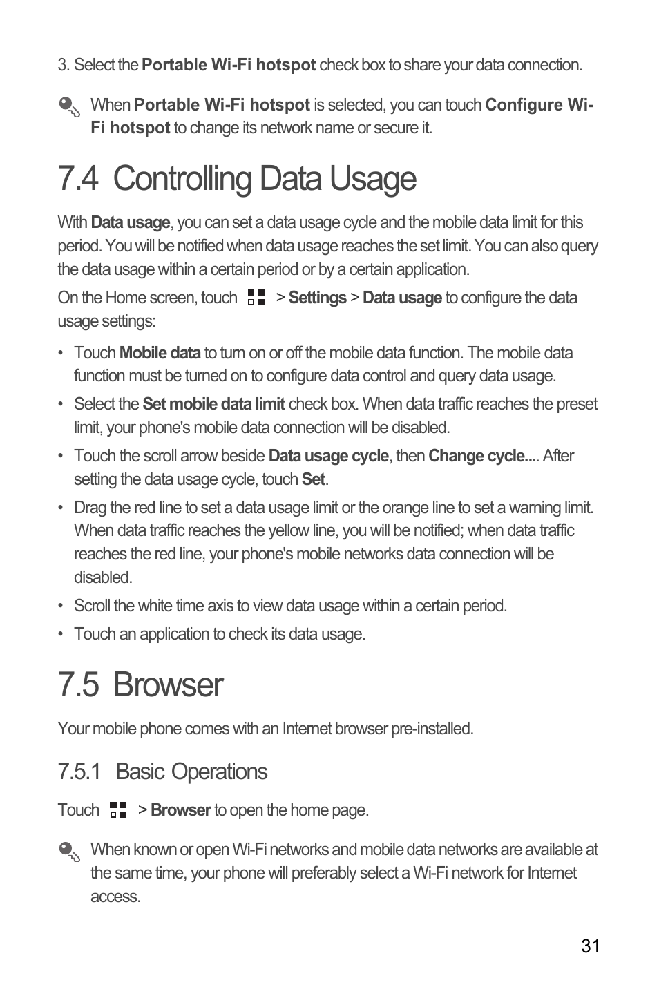 4 controlling data usage, 5 browser, 1 basic operations | 4 controlling data usage 7.5 browser | Huawei M881 User Guide User Manual | Page 36 / 69