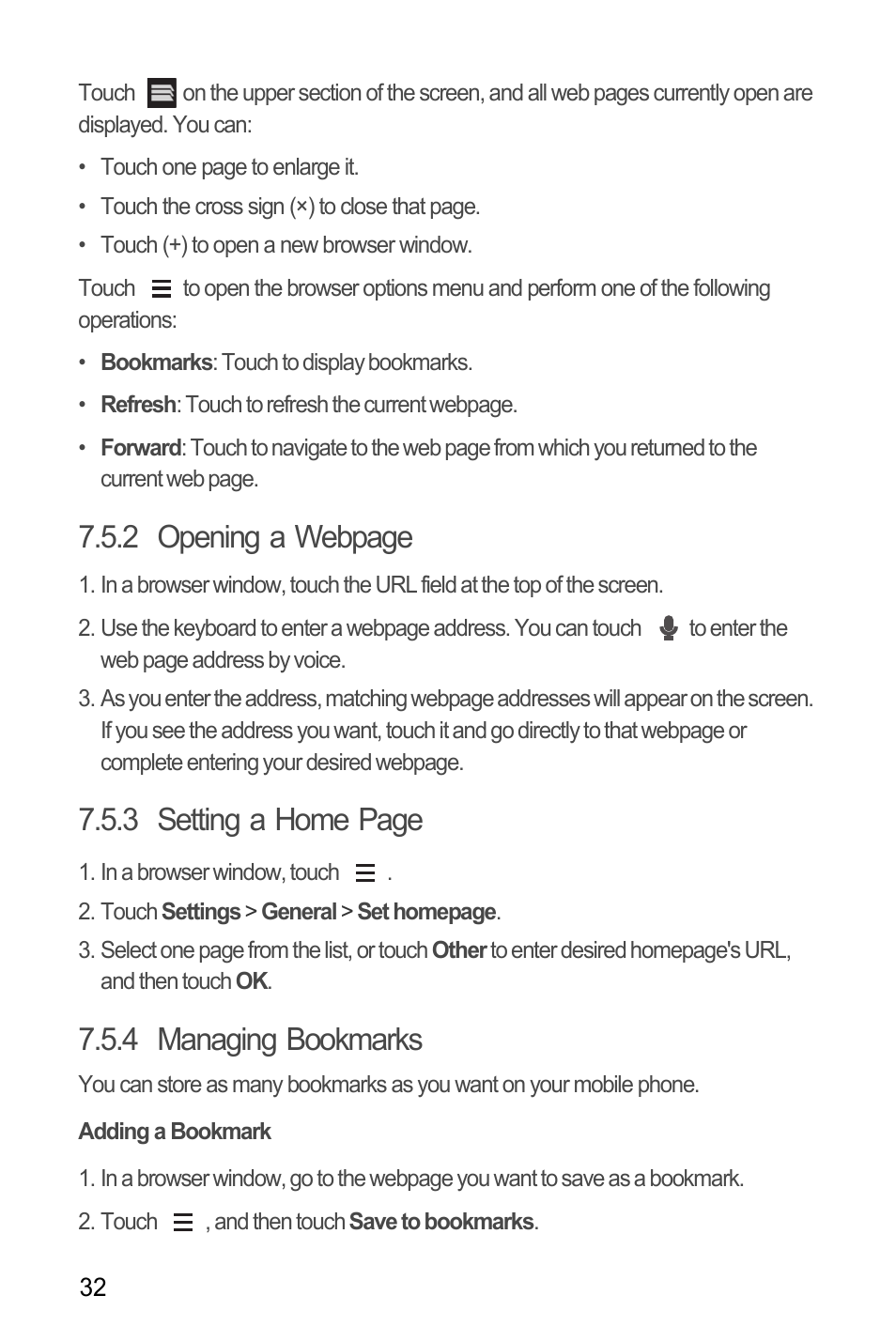 4 managing bookmarks, Adding a bookmark, 2 opening a webpage | 3 setting a home page | Huawei M881 User Guide User Manual | Page 37 / 69