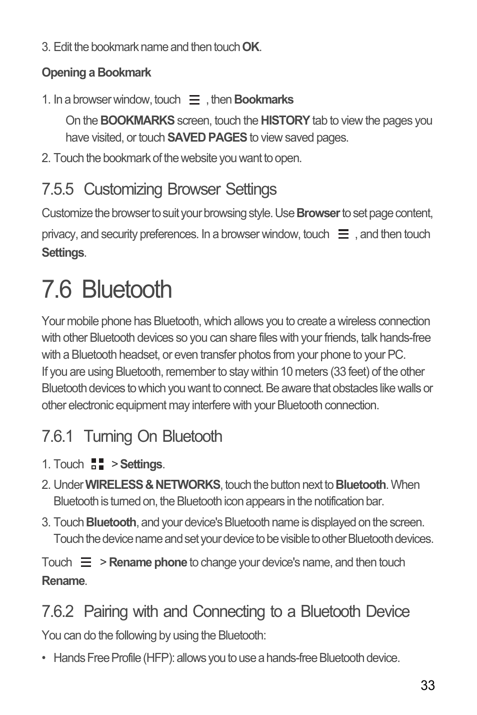 Opening a bookmark, 5 customizing browser settings, 6 bluetooth | 1 turning on bluetooth | Huawei M881 User Guide User Manual | Page 38 / 69