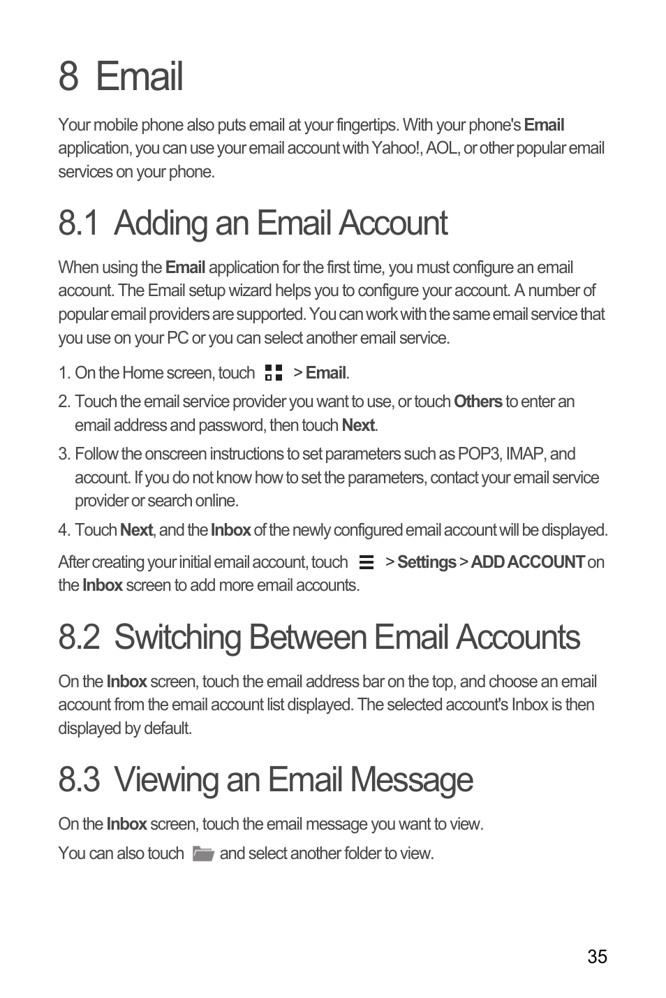 8 email, 1 adding an email account, 2 switching between email accounts | 3 viewing an email message | Huawei M881 User Guide User Manual | Page 40 / 69