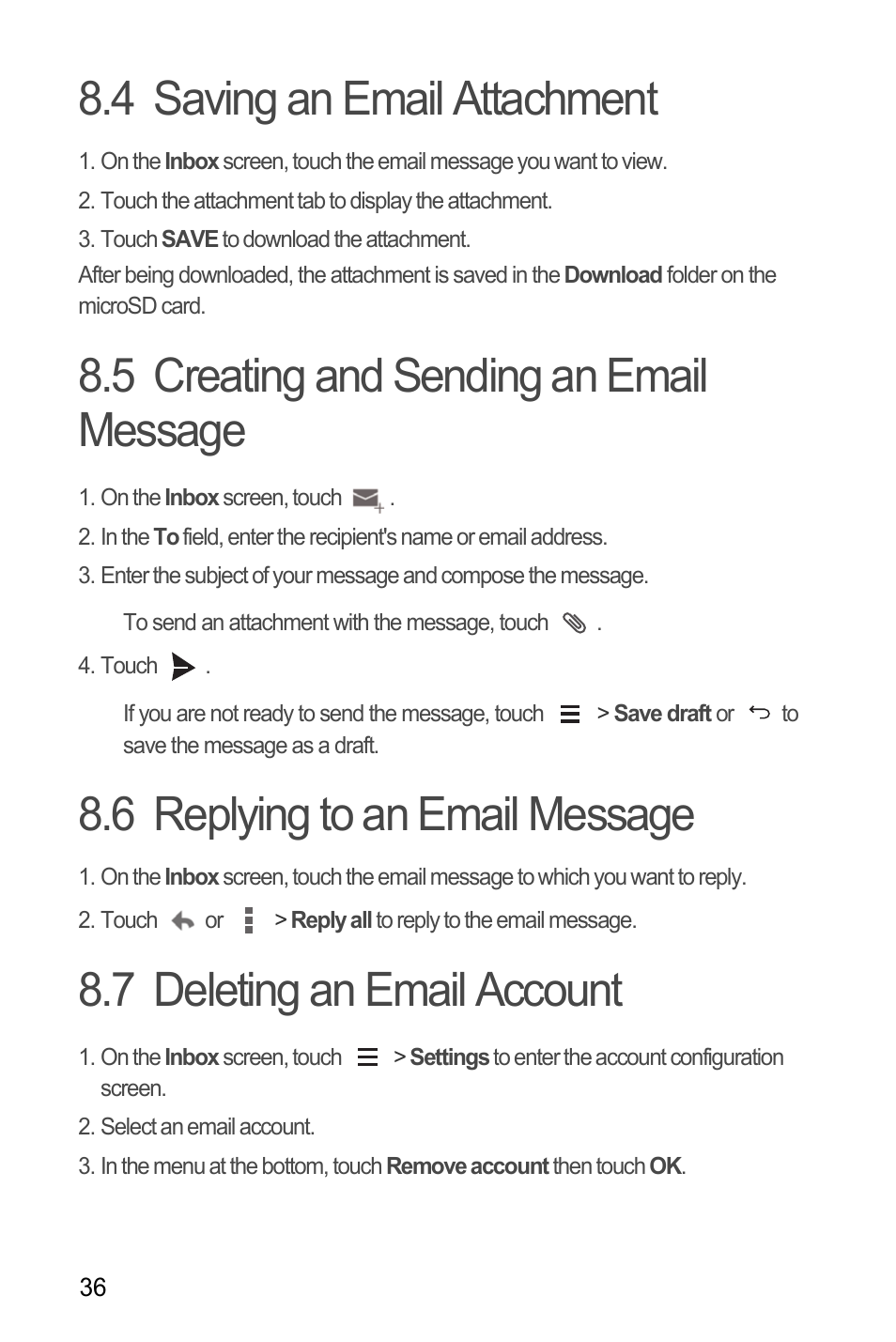 4 saving an email attachment, 5 creating and sending an email message, 6 replying to an email message | 7 deleting an email account, Replying to an email message | Huawei M881 User Guide User Manual | Page 41 / 69