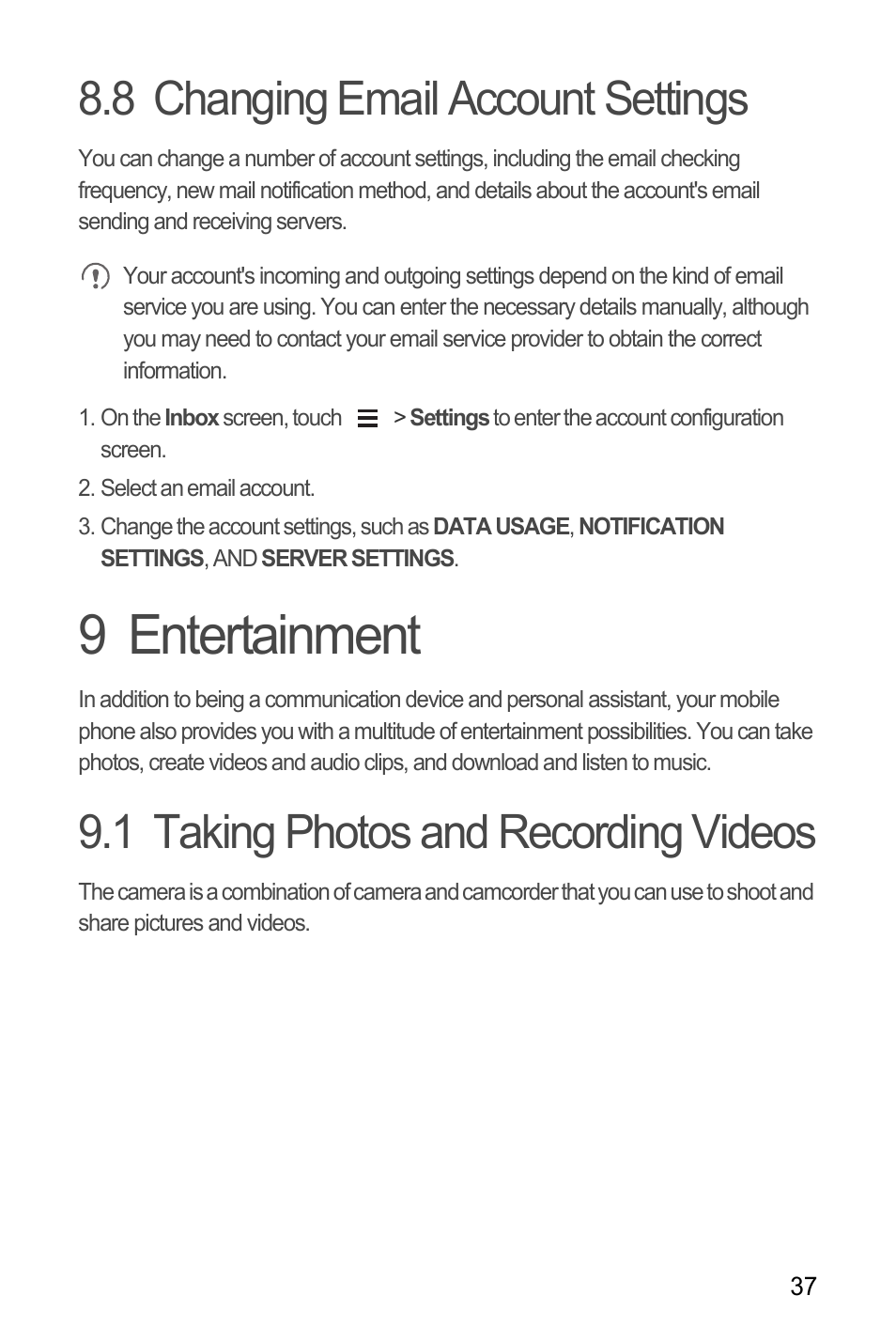 8 changing email account settings, 9 entertainment, 1 taking photos and recording videos | Huawei M881 User Guide User Manual | Page 42 / 69