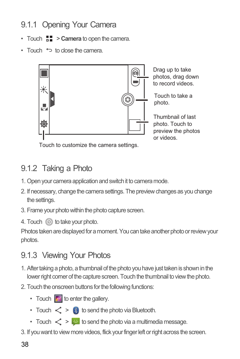 1 opening your camera, 2 taking a photo, 3 viewing your photos | Huawei M881 User Guide User Manual | Page 43 / 69