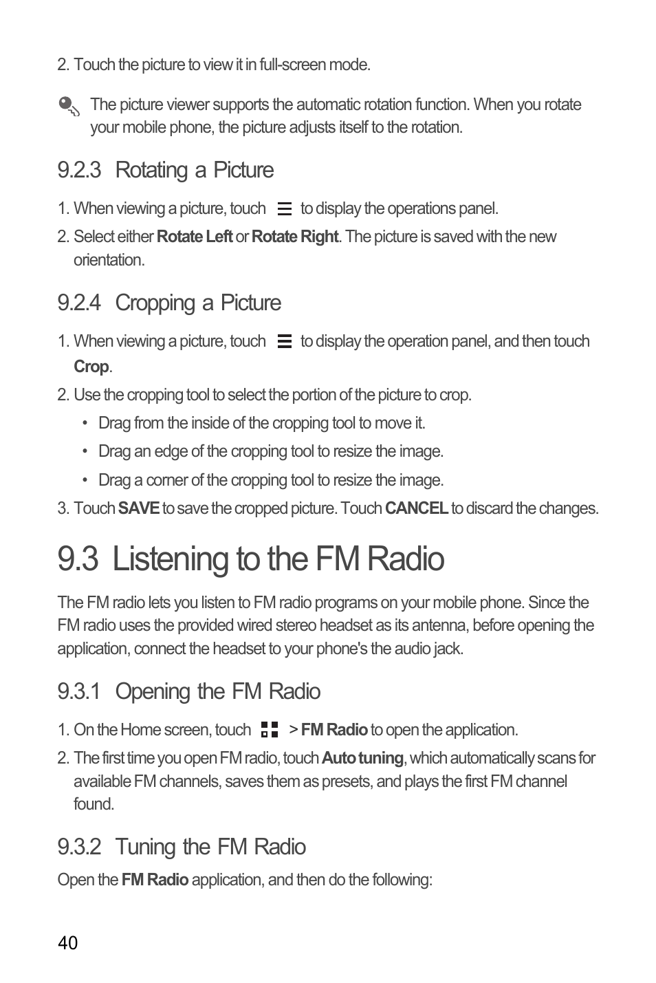 3 rotating a picture, 4 cropping a picture, 3 listening to the fm radio | 1 opening the fm radio, 2 tuning the fm radio | Huawei M881 User Guide User Manual | Page 45 / 69