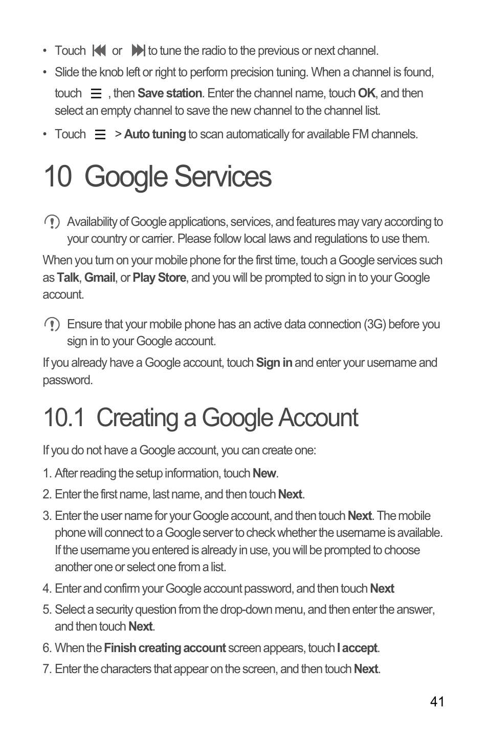 10 google services, 1 creating a google account | Huawei M881 User Guide User Manual | Page 46 / 69