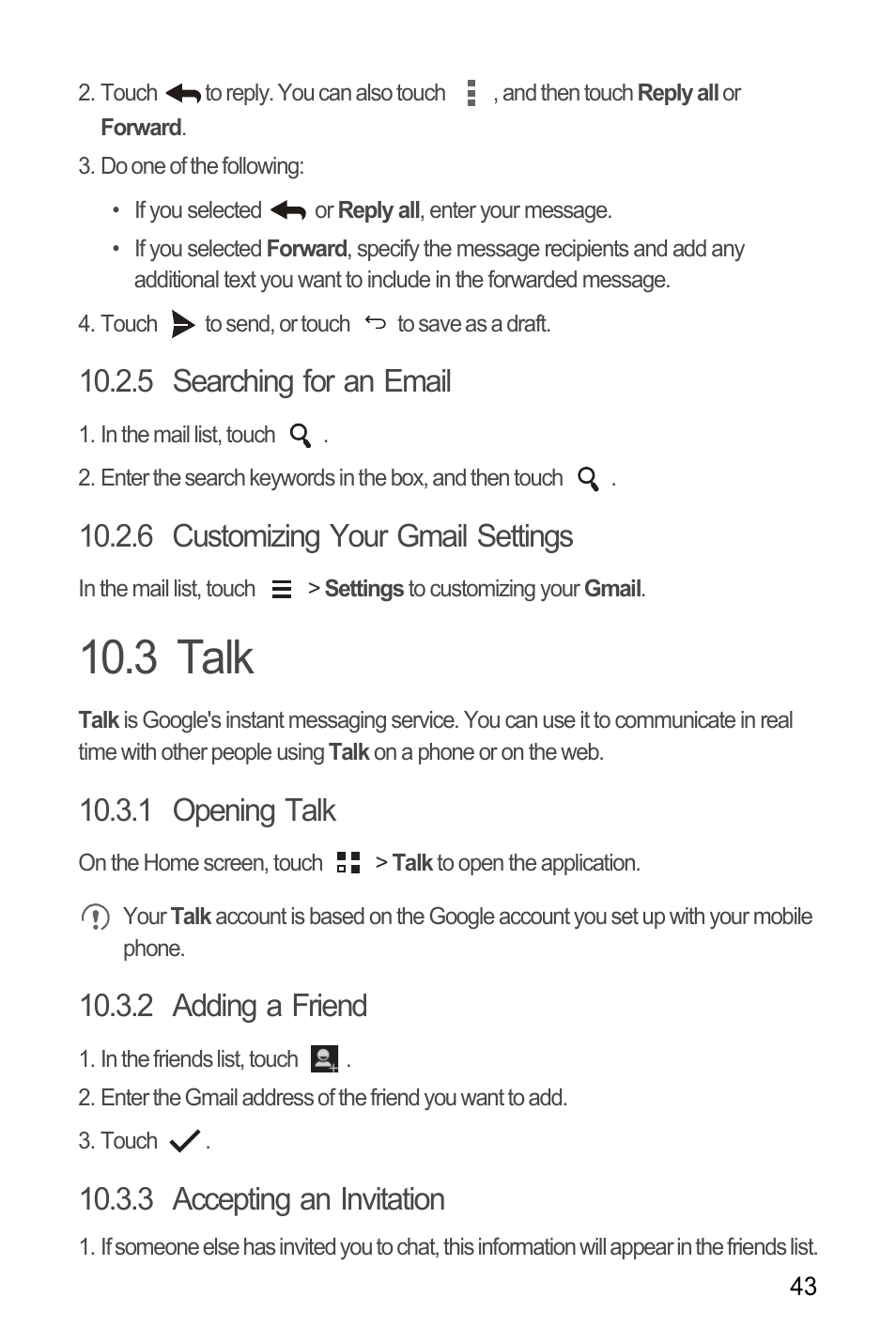 5 searching for an email, 6 customizing your gmail settings, 3 talk | 1 opening talk, 2 adding a friend, 3 accepting an invitation | Huawei M881 User Guide User Manual | Page 48 / 69