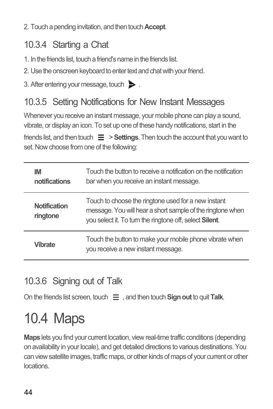 4 starting a chat, 5 setting notifications for new instant messages, 6 signing out of talk | 4 maps | Huawei M881 User Guide User Manual | Page 49 / 69