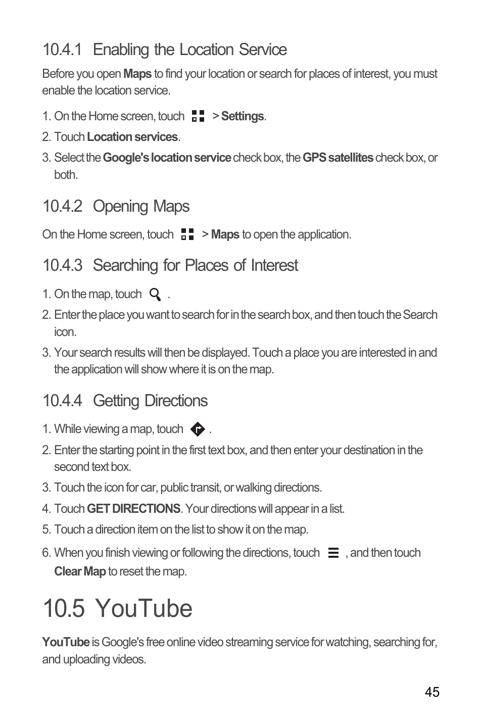 1 enabling the location service, 2 opening maps, 3 searching for places of interest | 4 getting directions, 5 youtube | Huawei M881 User Guide User Manual | Page 50 / 69