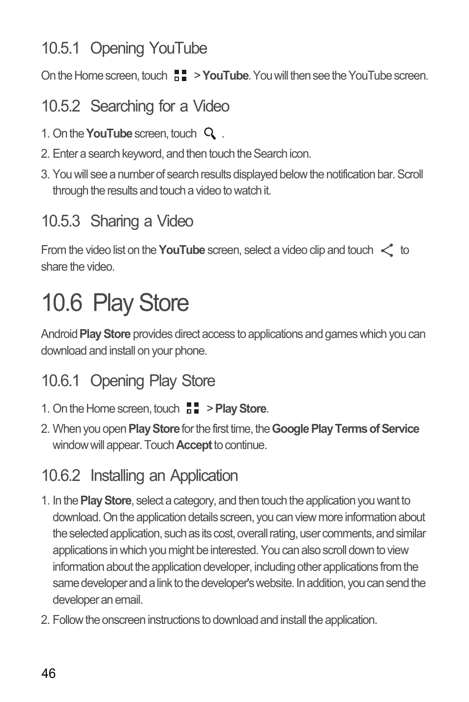 1 opening youtube, 2 searching for a video, 3 sharing a video | 6 play store, 1 opening play store, 2 installing an application | Huawei M881 User Guide User Manual | Page 51 / 69