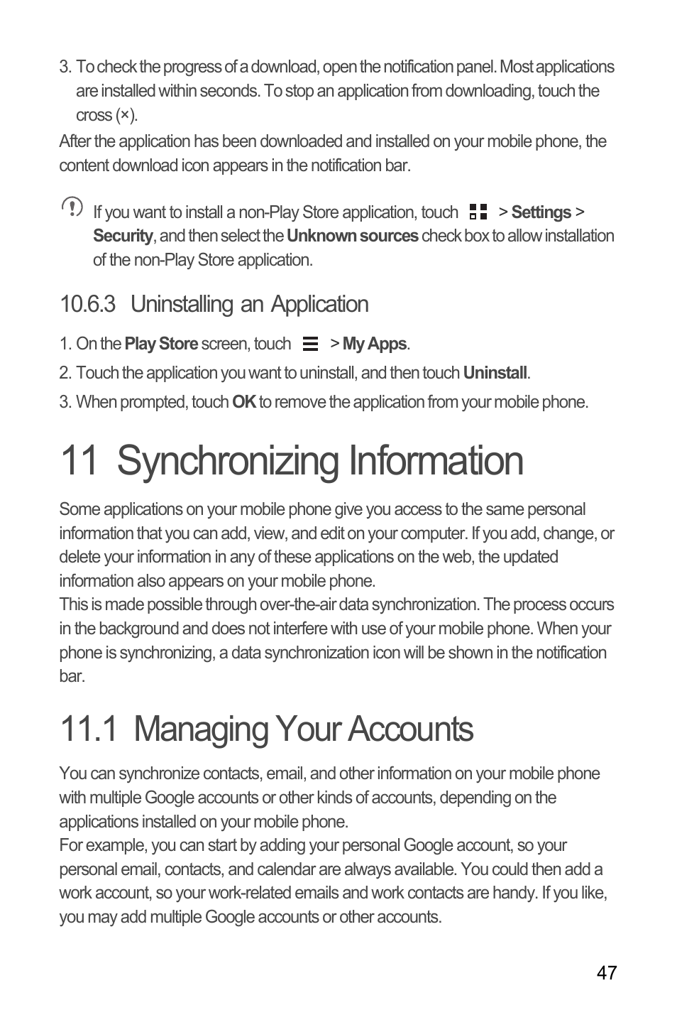 3 uninstalling an application, 11 synchronizing information, 1 managing your accounts | Huawei M881 User Guide User Manual | Page 52 / 69