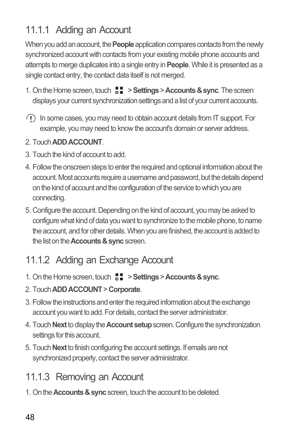 1 adding an account, 2 adding an exchange account, 3 removing an account | Huawei M881 User Guide User Manual | Page 53 / 69