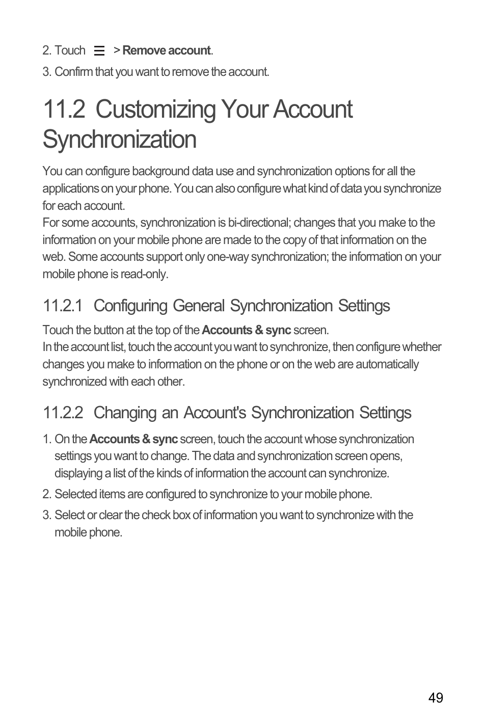 2 customizing your account synchronization, 1 configuring general synchronization settings, 2 changing an account's synchronization settings | Huawei M881 User Guide User Manual | Page 54 / 69