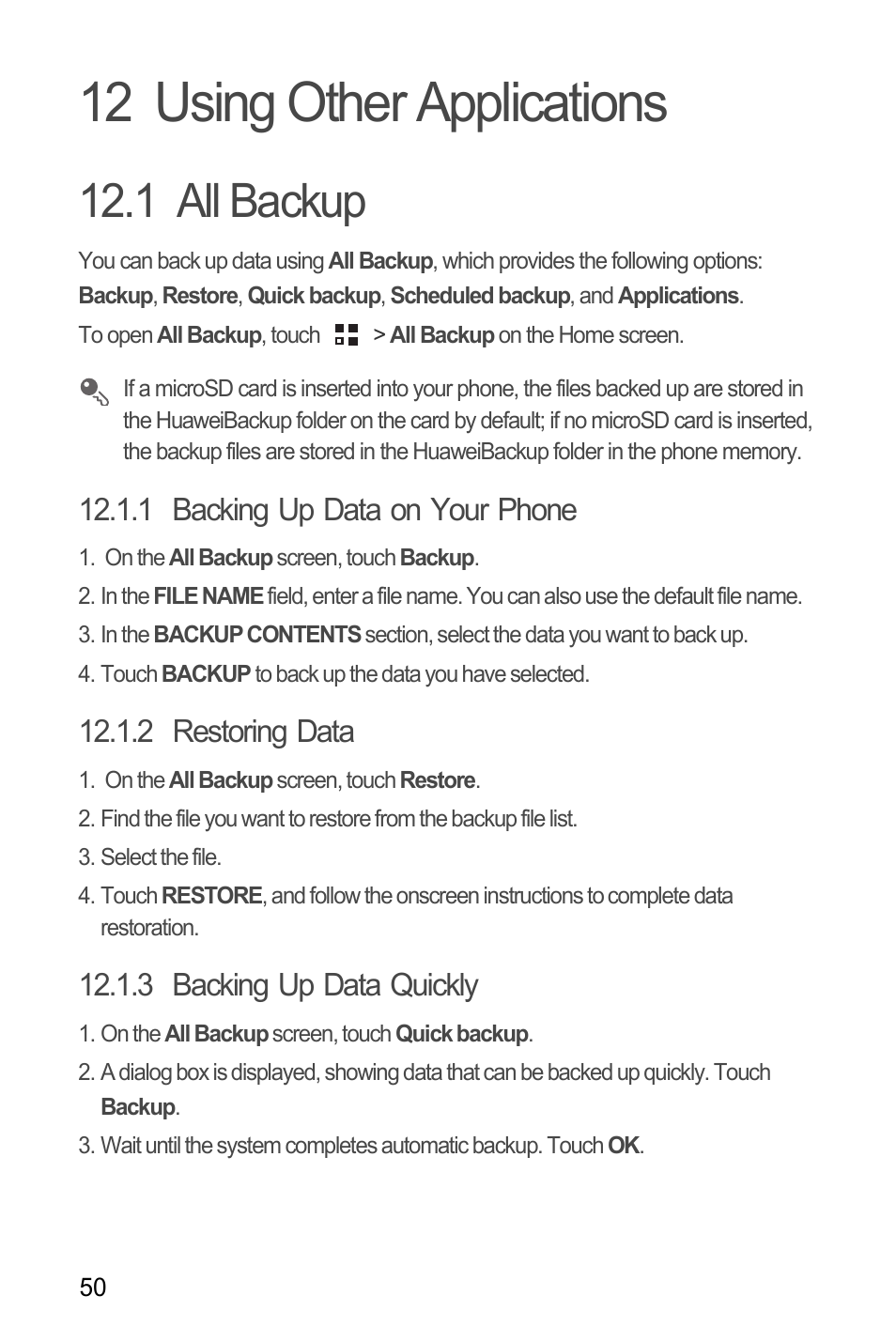 12 using other applications, 1 all backup, 1 backing up data on your phone | 2 restoring data, 3 backing up data quickly | Huawei M881 User Guide User Manual | Page 55 / 69
