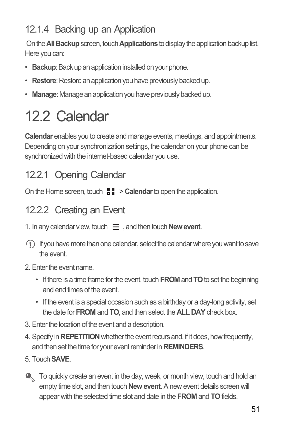 4 backing up an application, 2 calendar, 1 opening calendar | 2 creating an event | Huawei M881 User Guide User Manual | Page 56 / 69
