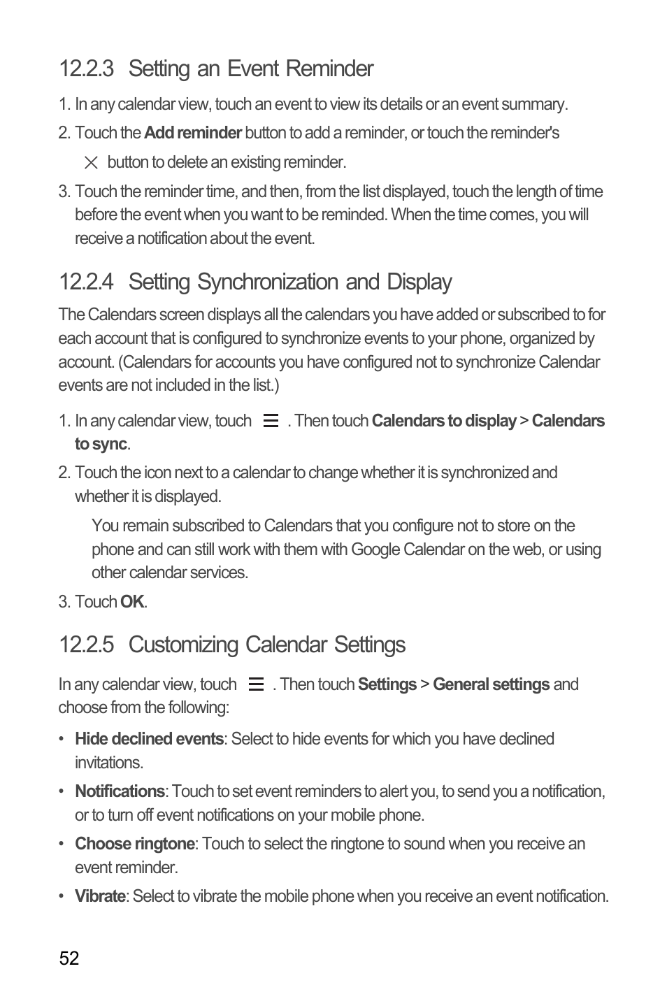 3 setting an event reminder, 4 setting synchronization and display, 5 customizing calendar settings | Huawei M881 User Guide User Manual | Page 57 / 69