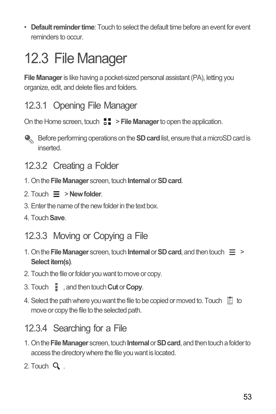 3 file manager, 1 opening file manager, 2 creating a folder | 3 moving or copying a file, 4 searching for a file | Huawei M881 User Guide User Manual | Page 58 / 69