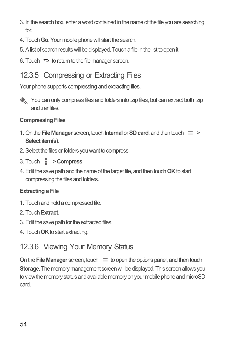 5 compressing or extracting files, Compressing files, Extracting a file | 6 viewing your memory status | Huawei M881 User Guide User Manual | Page 59 / 69