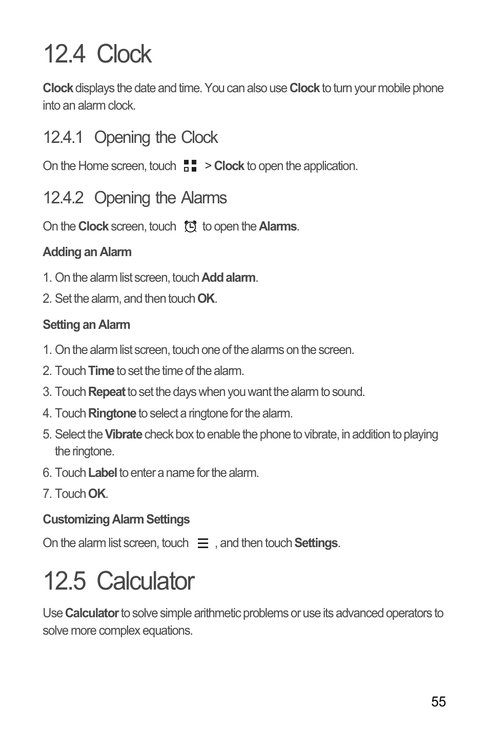 4 clock, 1 opening the clock, 2 opening the alarms | Adding an alarm, Setting an alarm, Customizing alarm settings, 5 calculator, 4 clock 12.5 calculator | Huawei M881 User Guide User Manual | Page 60 / 69