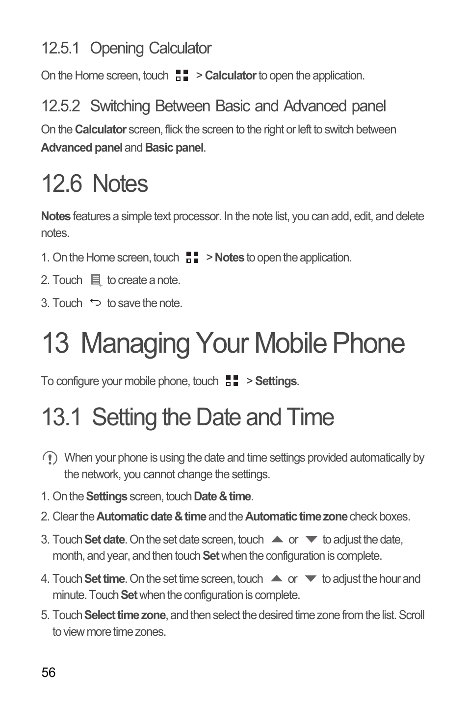 1 opening calculator, 2 switching between basic and advanced panel, 6 notes | 13 managing your mobile phone, 1 setting the date and time | Huawei M881 User Guide User Manual | Page 61 / 69