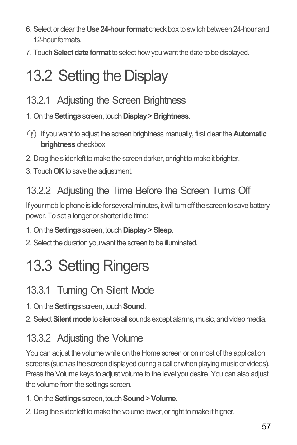 2 setting the display, 1 adjusting the screen brightness, 2 adjusting the time before the screen turns off | 3 setting ringers, 1 turning on silent mode, 2 adjusting the volume, 2 setting the display 13.3 setting ringers | Huawei M881 User Guide User Manual | Page 62 / 69