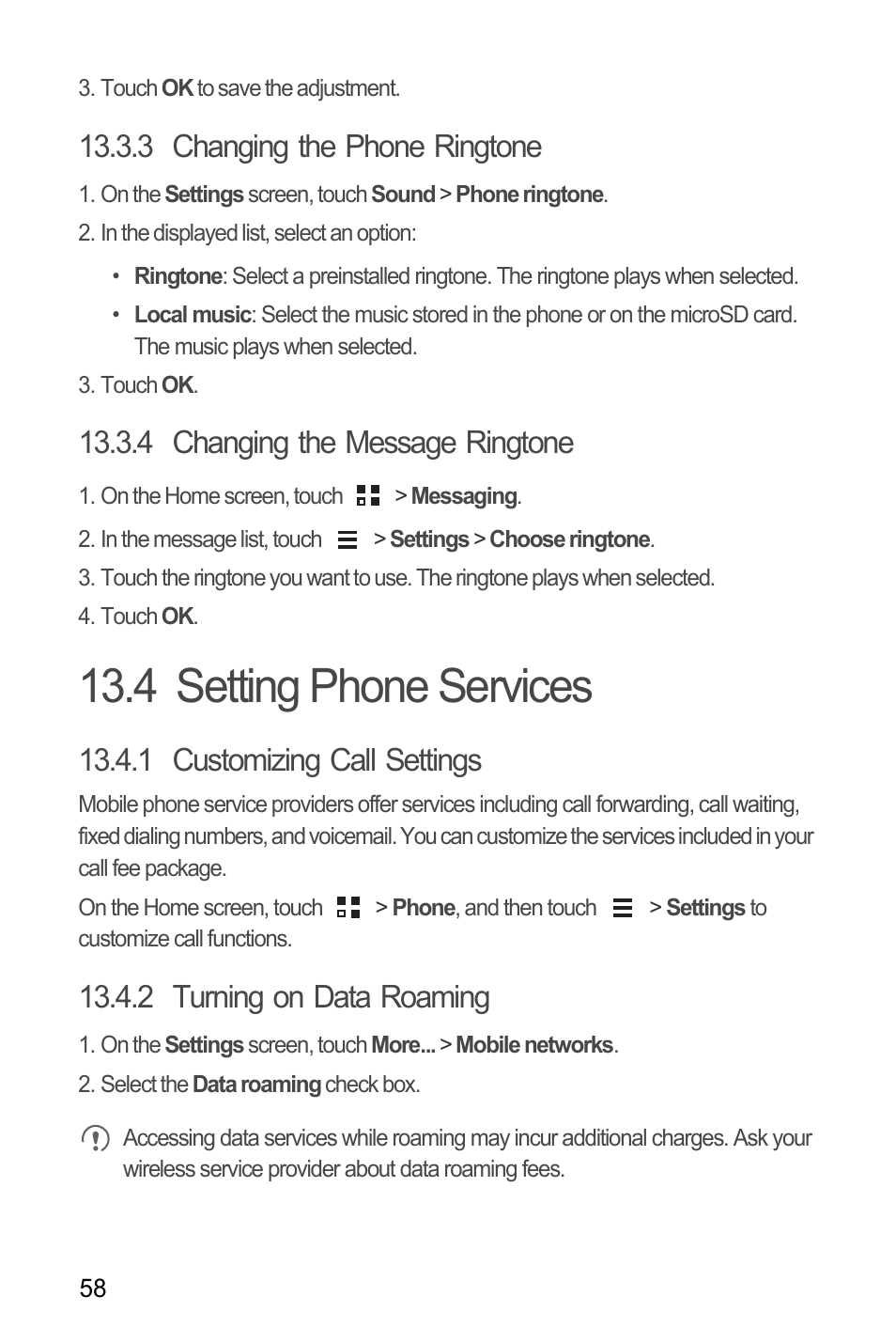 3 changing the phone ringtone, 4 changing the message ringtone, 4 setting phone services | 1 customizing call settings, 2 turning on data roaming | Huawei M881 User Guide User Manual | Page 63 / 69