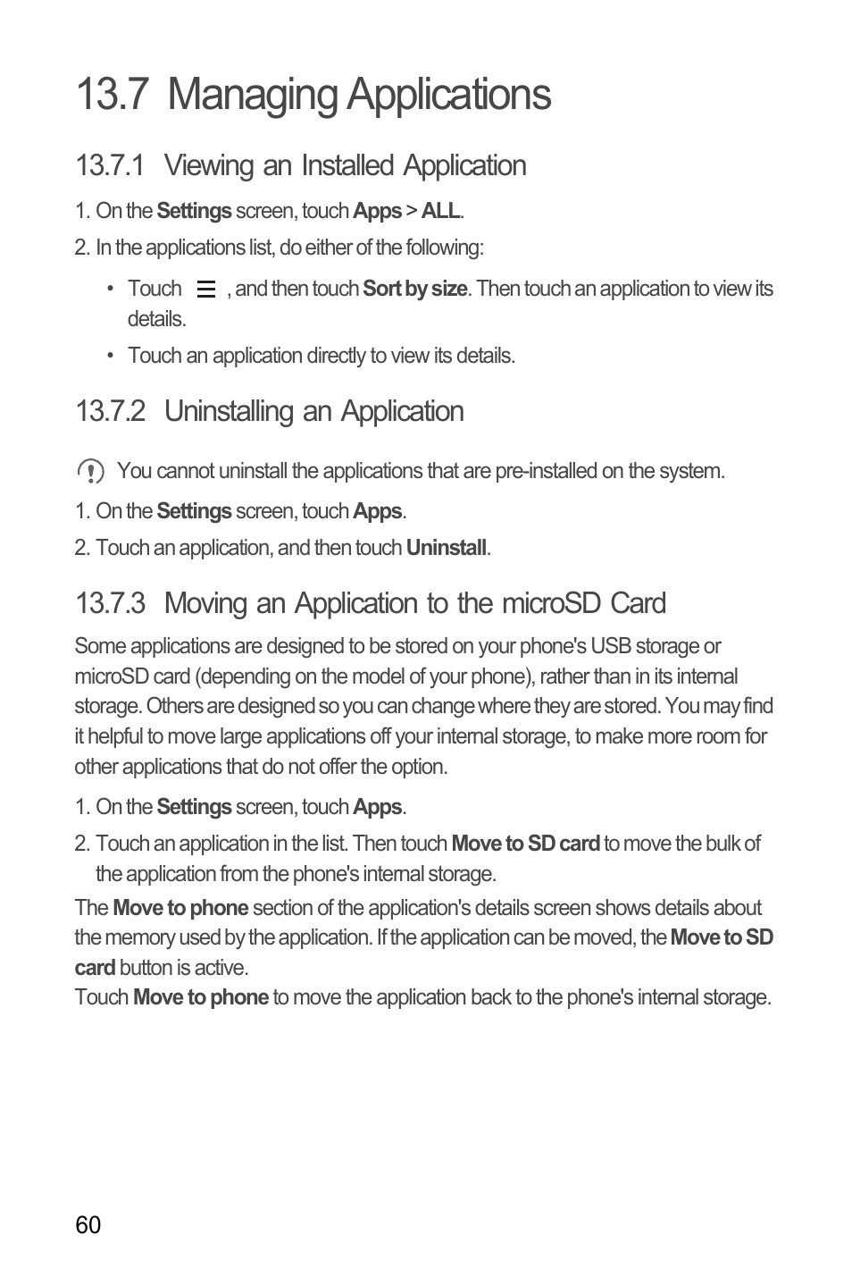 7 managing applications, 1 viewing an installed application, 2 uninstalling an application | 3 moving an application to the microsd card | Huawei M881 User Guide User Manual | Page 65 / 69